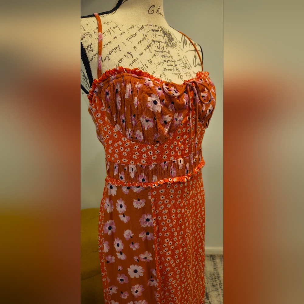 Free People Vibrant Orange Floral Maxi Dress, Size L. - Picture 5 of 15